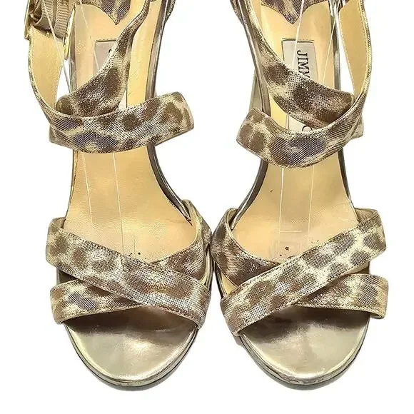 Jimmy Choo Louise Gold Leopard-Print Mirrored Heel Sandal - Picture 6 of 8